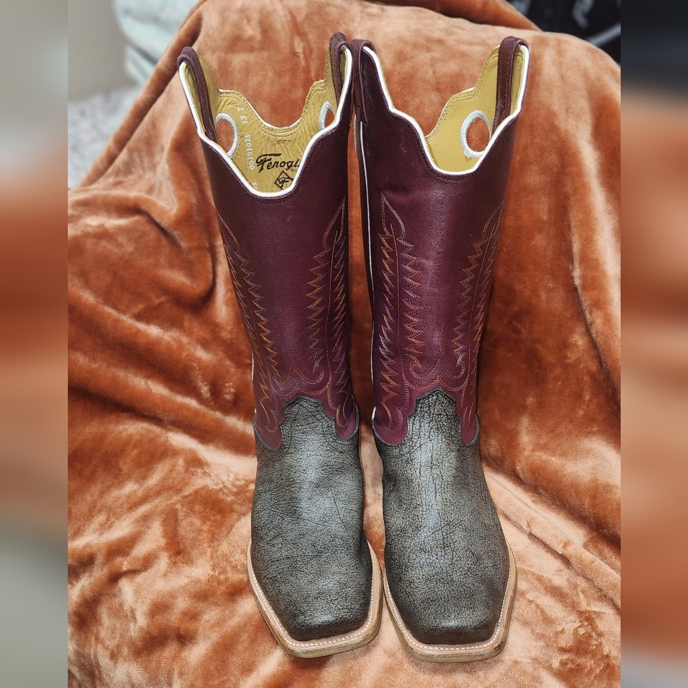 Fengolio Western Boots – Grey Cape Buffalo w/ Plum Shaft – Size 13D
